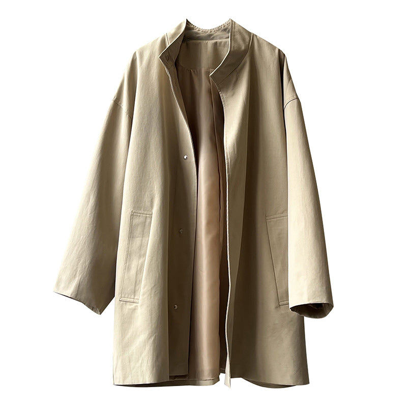 Japanese Style Workwear Style Stand Collar Trench Coat For Women