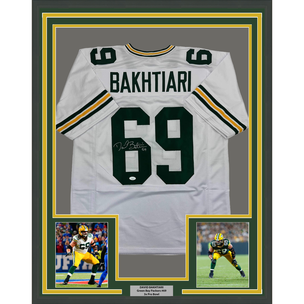Framed Autographed/Signed David Bakhtiari 35x39 Green Bay White Football Jersey JSA COA