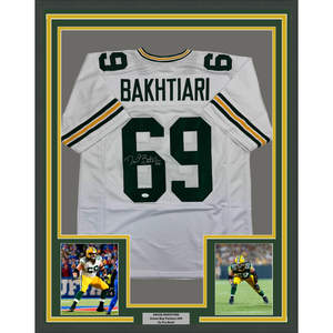 Framed Autographed/Signed David Bakhtiari 35x39 Green Bay White Football Jersey JSA COA