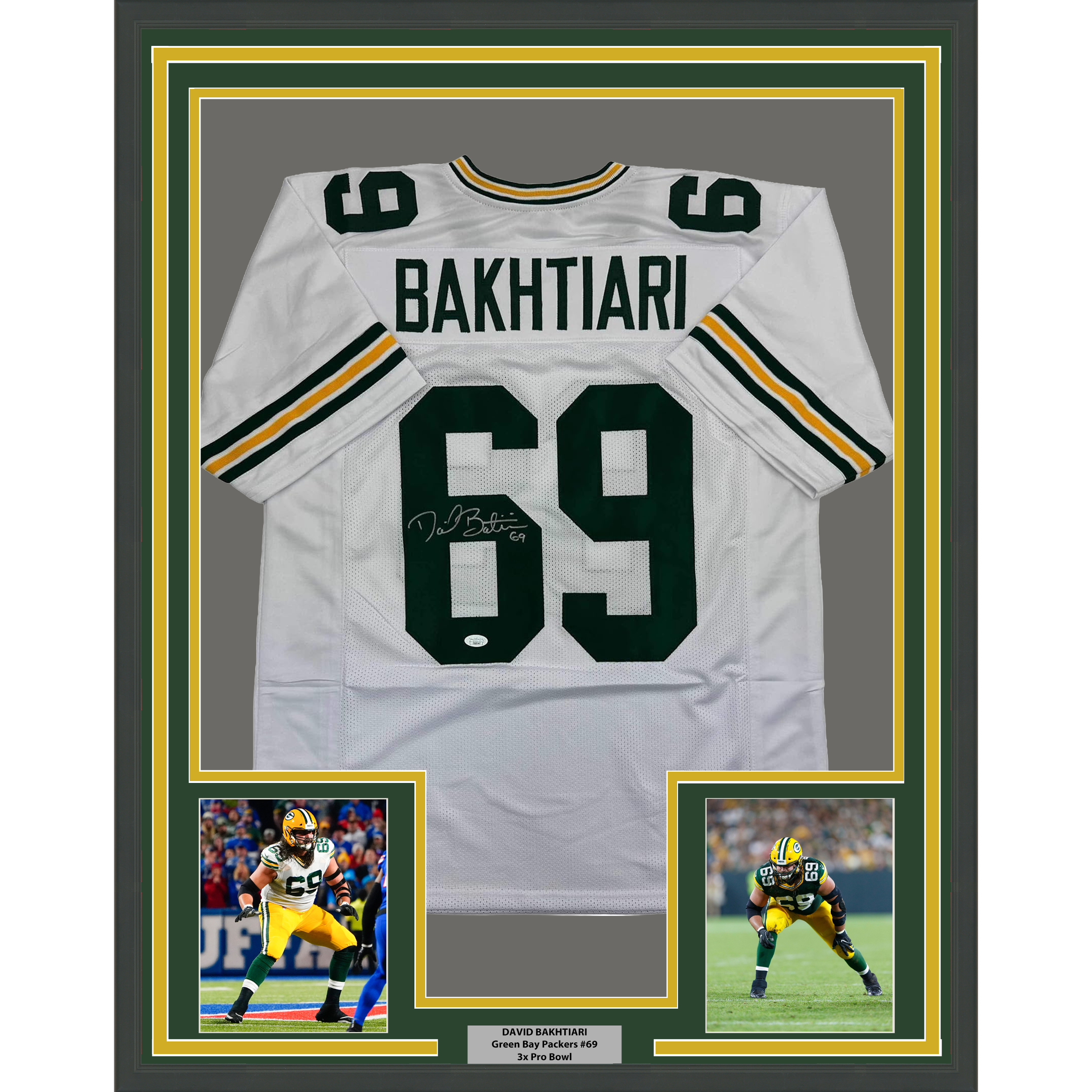 Framed Autographed/Signed David Bakhtiari 35x39 Green Bay White Football Jersey JSA COA