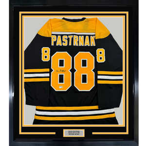 Framed Autographed/Signed David Pastrnak 35x39 Boston Black Hockey Jersey Beckett BAS COA #2