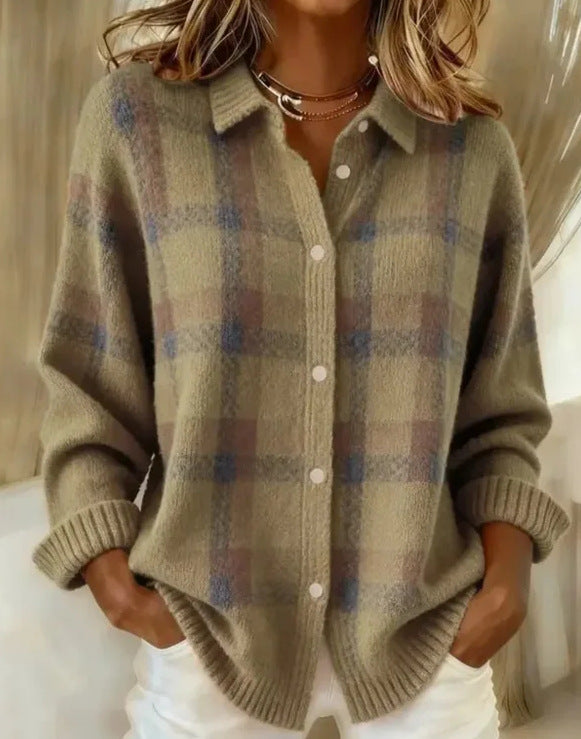 European And American Cross-Border Amazon Independent Station Women's Casual Loose Autumn And Winter Plaid Long-Sleeved Lapel Shirt Sweater Cardigan