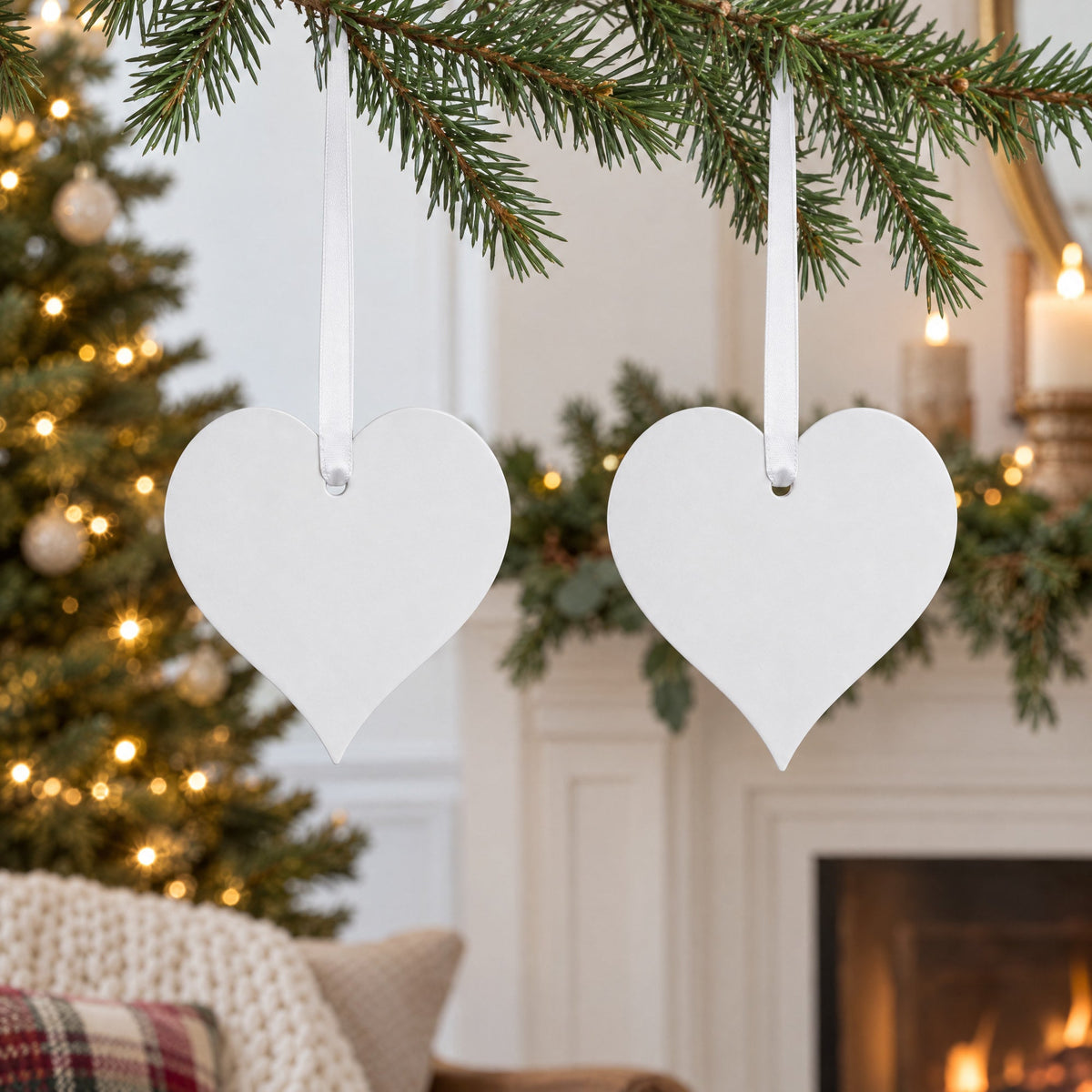 Set of 2 Hearts Plaster Christmas Ornaments 3.2 Inches