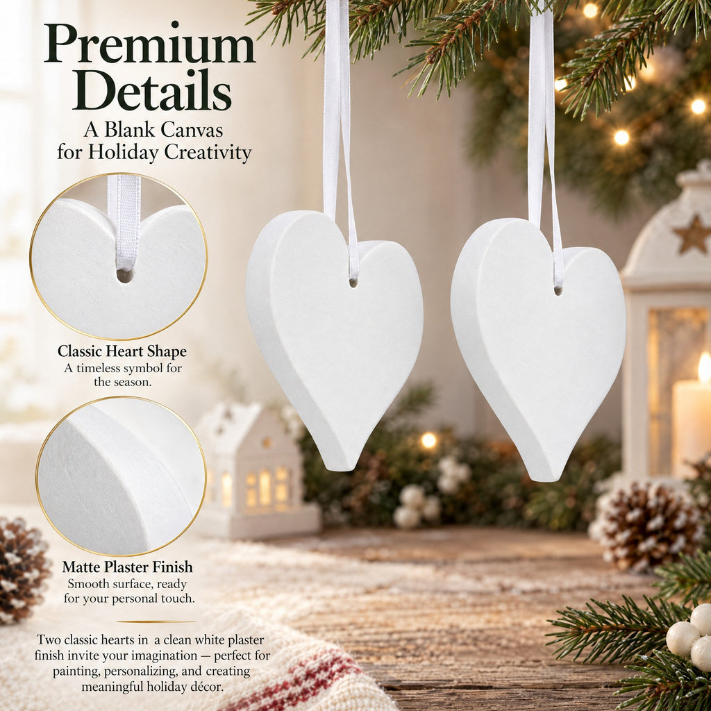 Set of 2 Hearts Plaster Christmas Ornaments 3.2 Inches