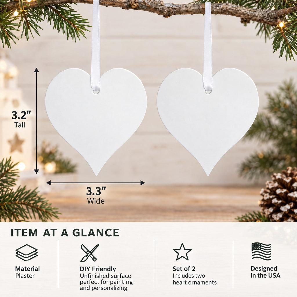 Set of 2 Hearts Plaster Christmas Ornaments 3.2 Inches