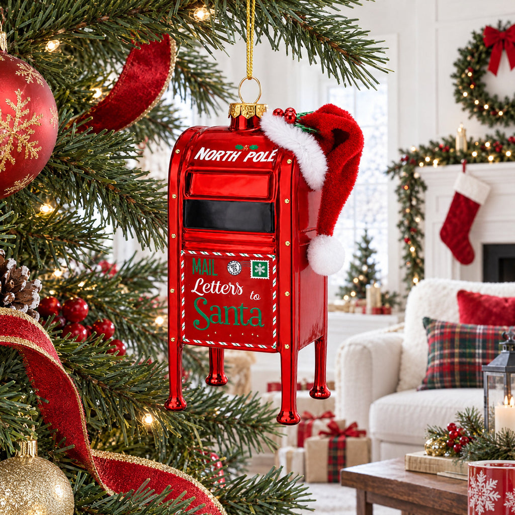 North Pole Letters to Santa Mailbox Glass Christmas Ornament