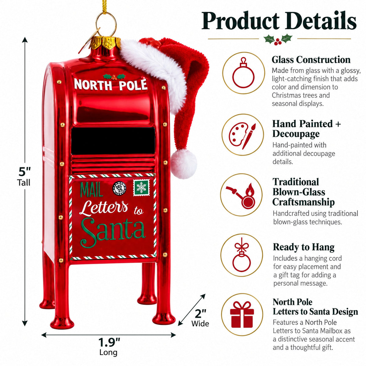North Pole Letters to Santa Mailbox Glass Christmas Ornament