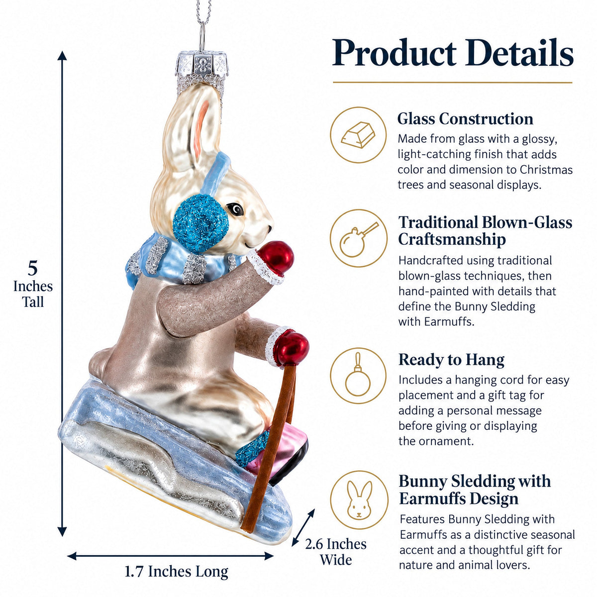 Bunny Sledding with Earmuffs Glass Christmas Ornament