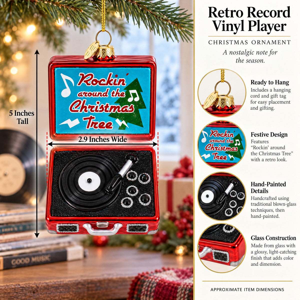 Retro Record Vinyl Player Glass Christmas Ornament