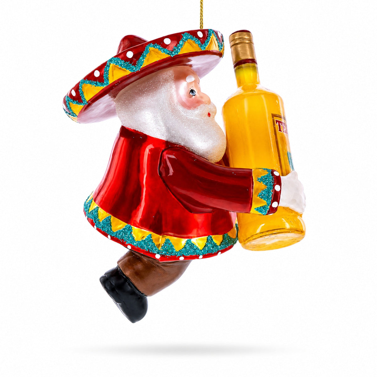 Mexican Santa with Tequila Bottle Glass Christmas Ornament