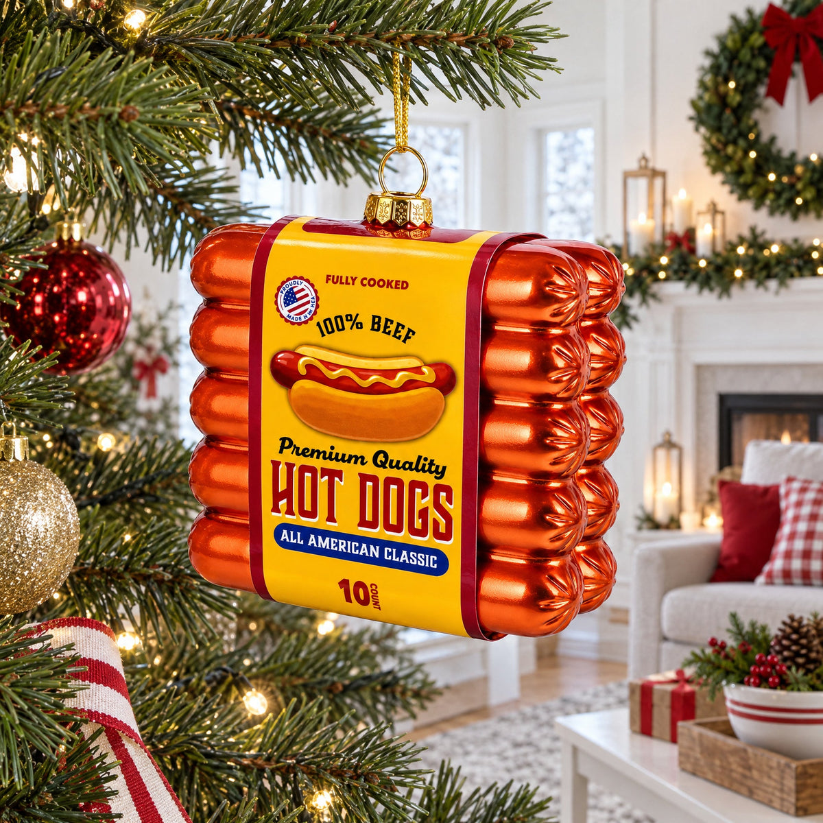 Premium Hot Dogs Pack Glass Christmas Ornament