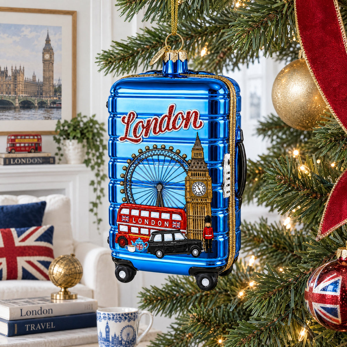 London Landmarks Suitcase Glass Christmas Ornament