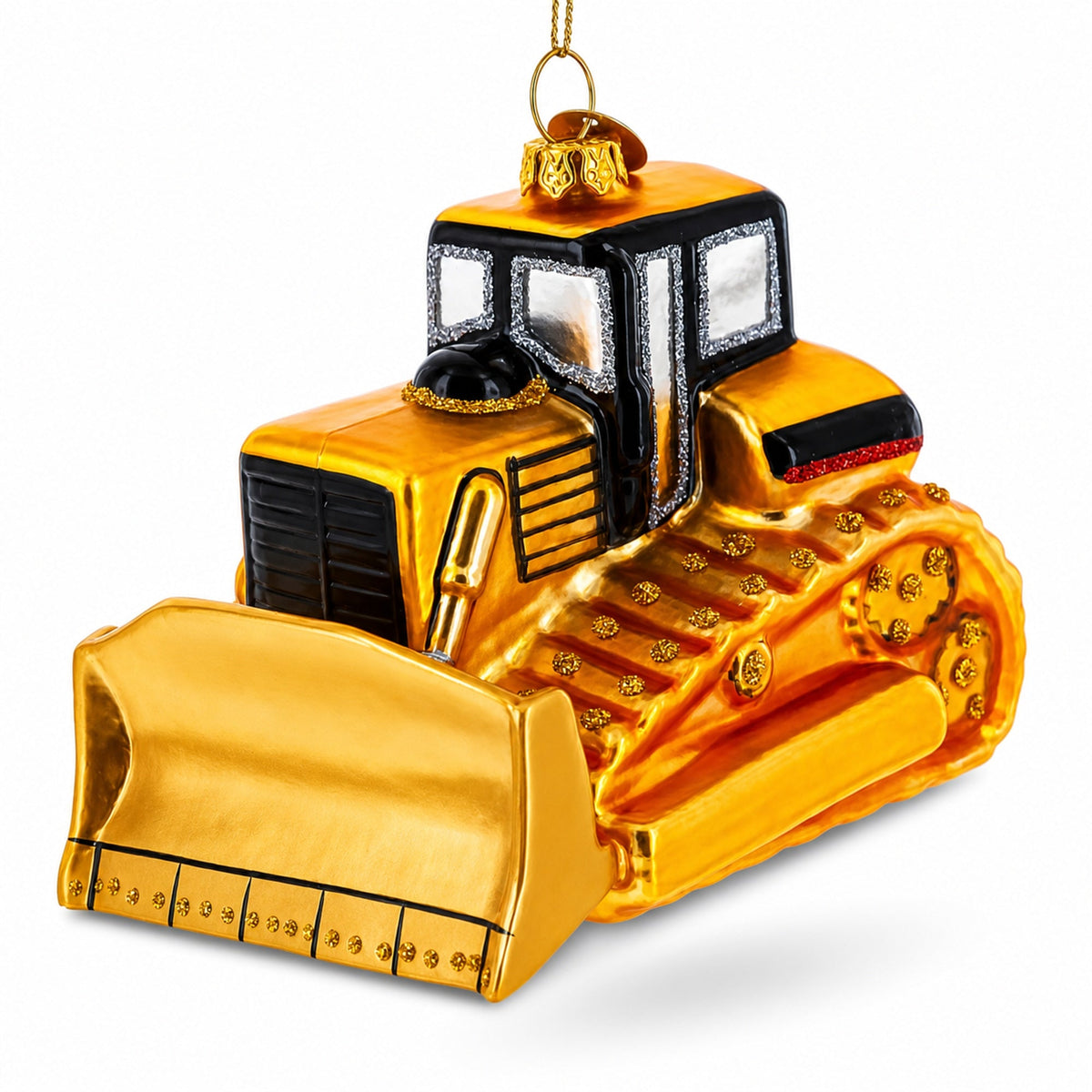 Tracked Bulldozer Construction Vehicle Glass Christmas Ornament