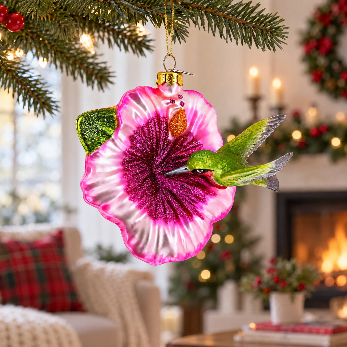 Hummingbird with Pink Hibiscus Glass Christmas Ornament