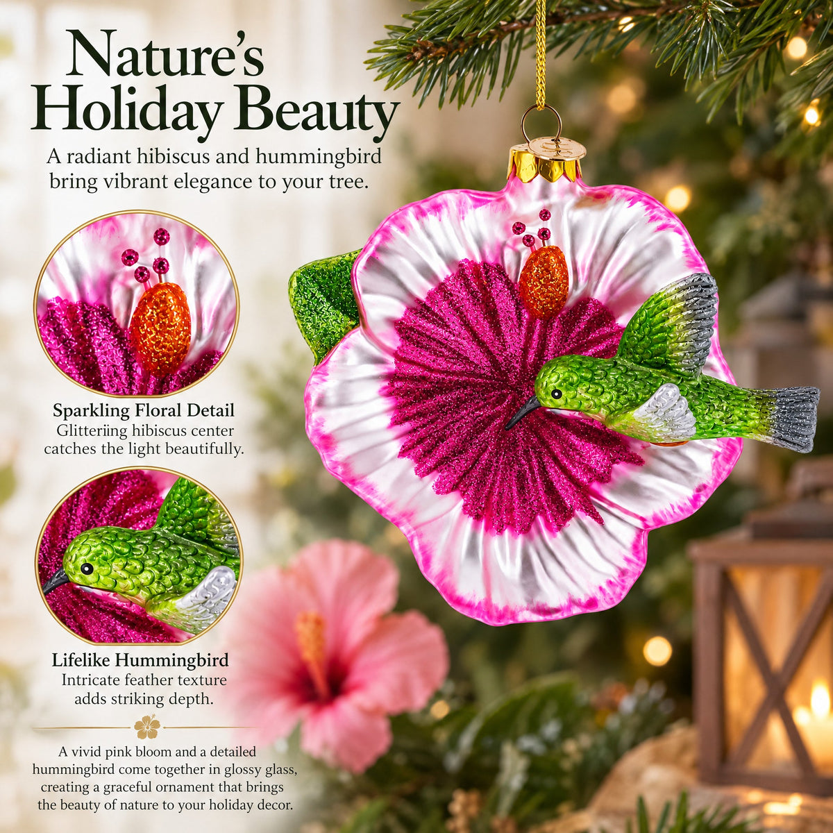 Hummingbird with Pink Hibiscus Glass Christmas Ornament