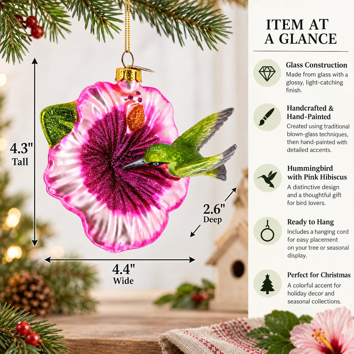 Hummingbird with Pink Hibiscus Glass Christmas Ornament