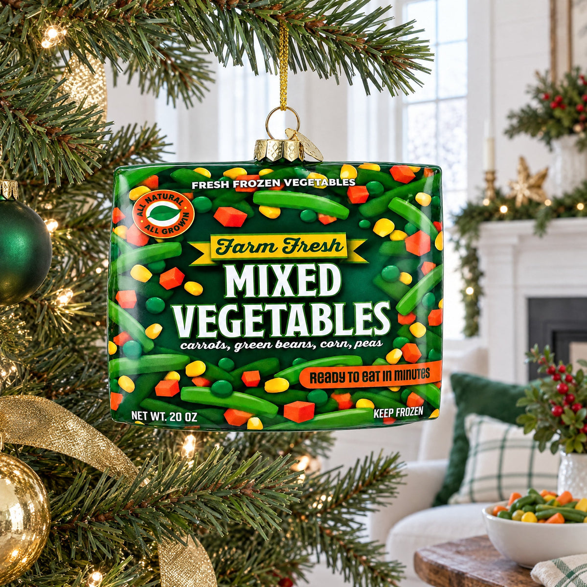 Mixed Vegetables Frozen Box Glass Christmas Ornament