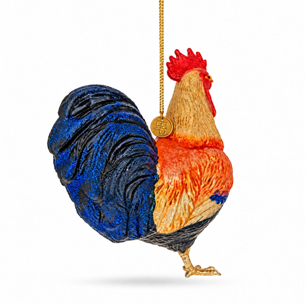 Colorful Glittered Rooster Glass Christmas Ornament