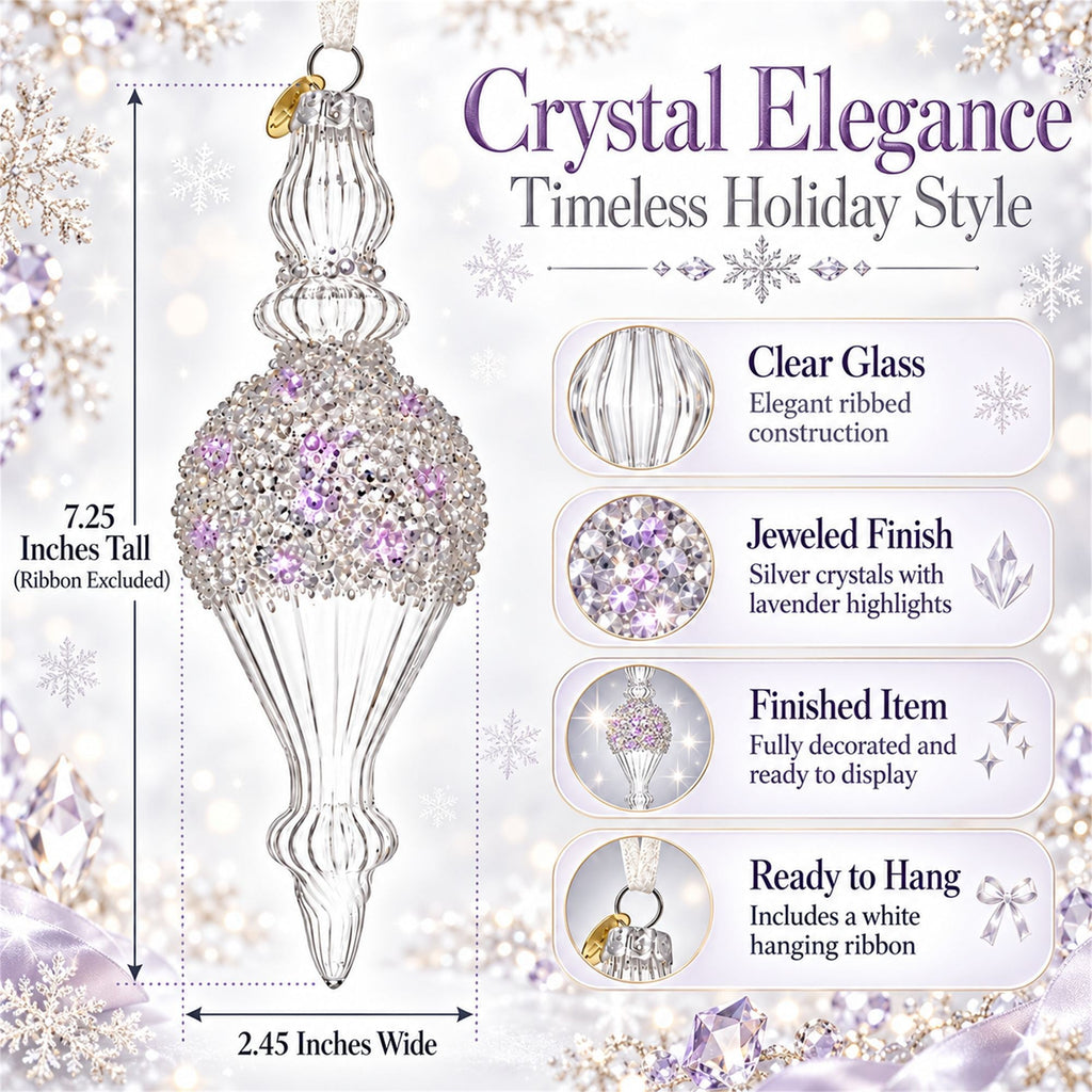 Clear Glass Ribbed Finial With Beaded Top Christmas Ornament