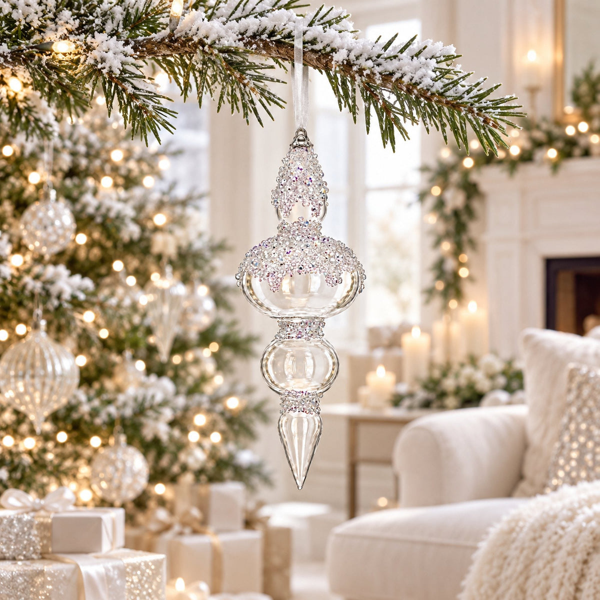 Clear Glass Finial With Frosted Ice Beading Christmas Ornament