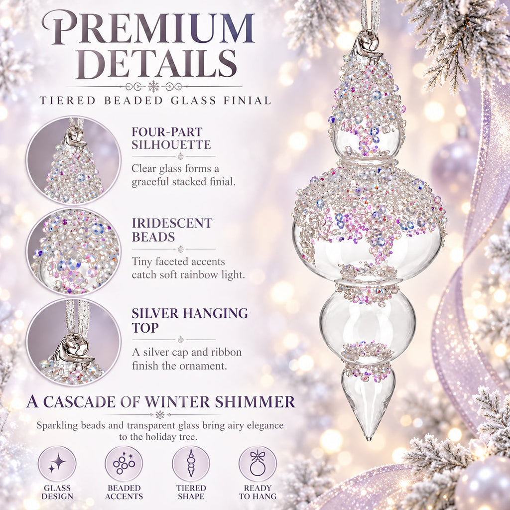 Clear Glass Finial With Frosted Ice Beading Christmas Ornament