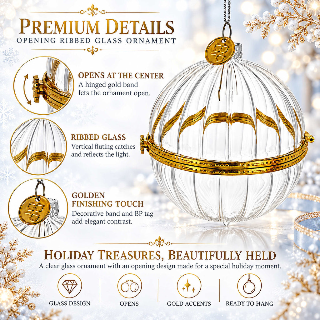 Openable Clear Ribbed Glass Gold Hinge Christmas Ornament