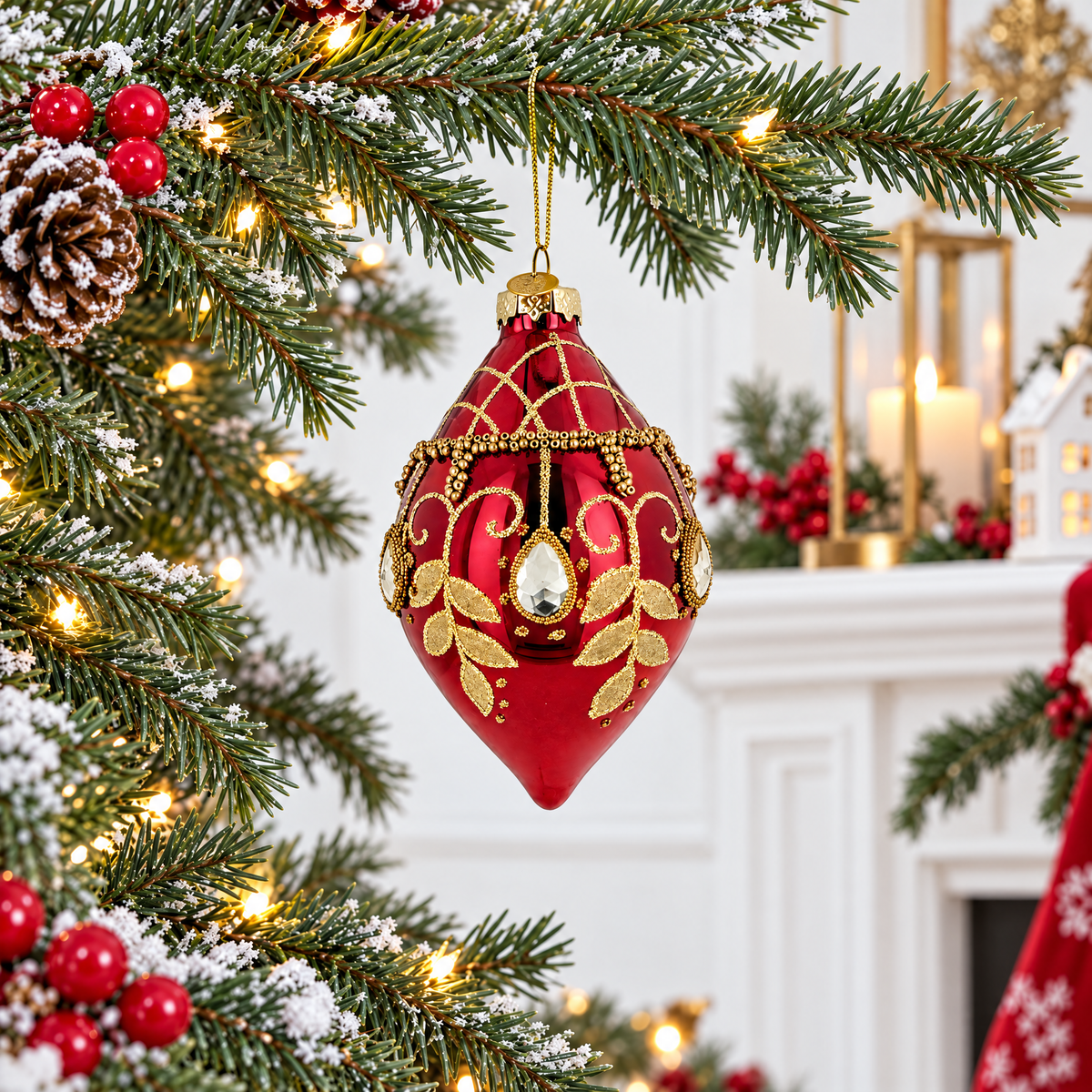 Burgundy Glass Drop Gold Leaf Crystal Christmas Ornament
