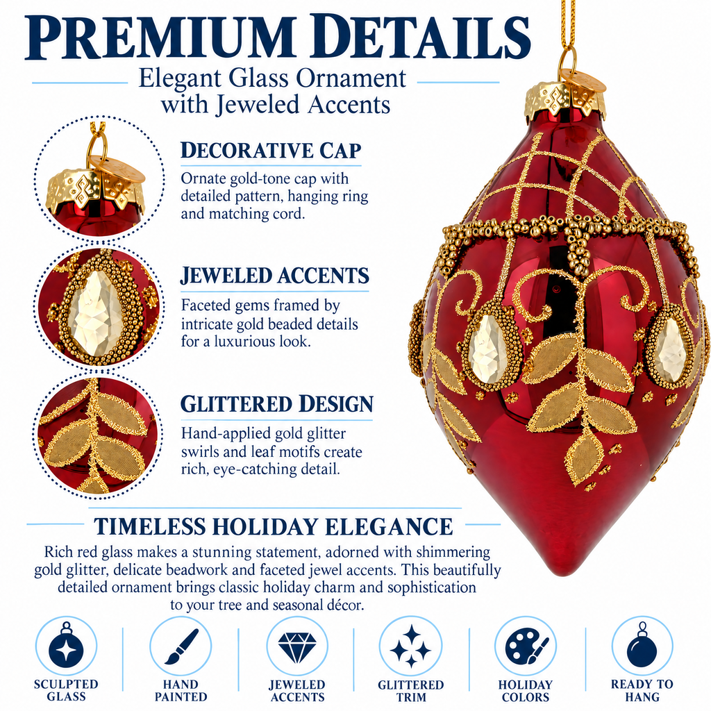 Burgundy Glass Drop Gold Leaf Crystal Christmas Ornament