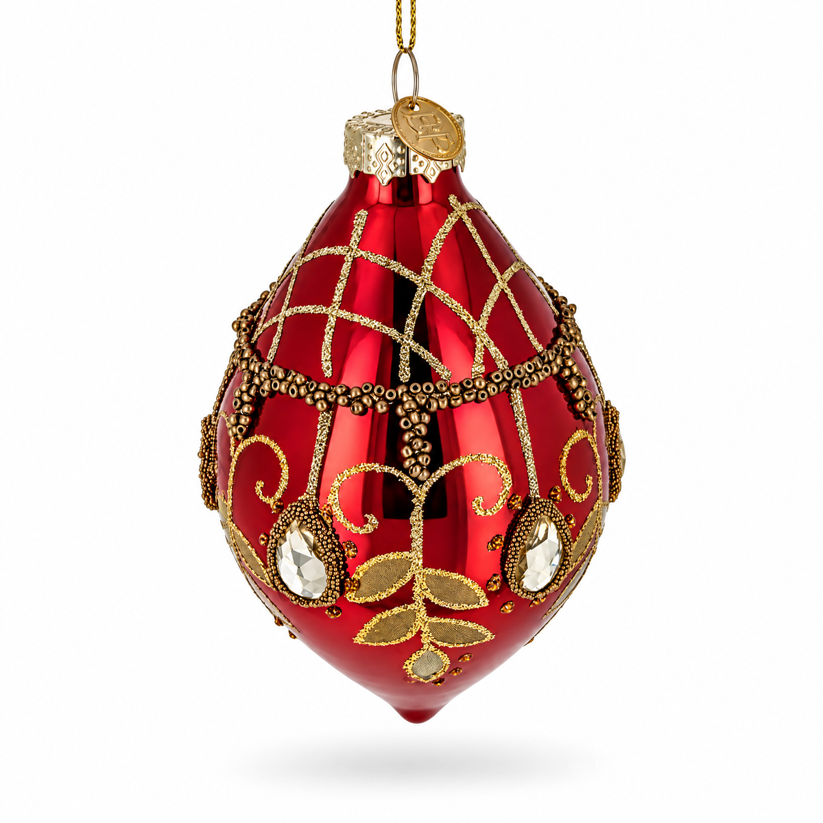 Burgundy Glass Drop Gold Leaf Crystal Christmas Ornament