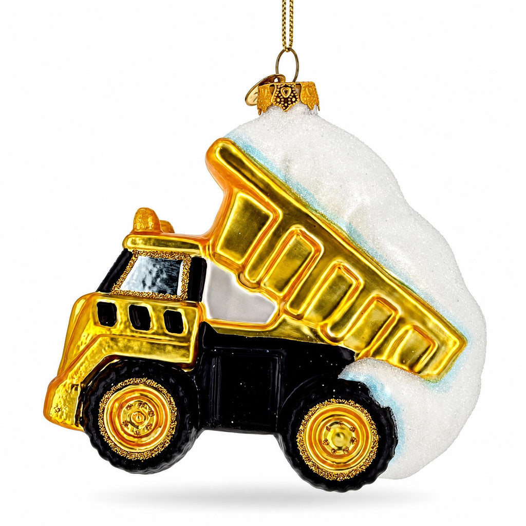 Yellow Construction Dump Truck Glass Christmas Ornament