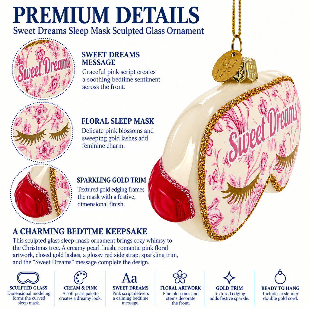 Pink Sleeping Mask with Eyelashes Glass Christmas Ornament