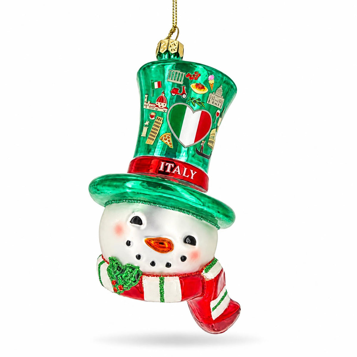Italy Flag Snowman Head Green Top Hat Glass Christmas Ornament