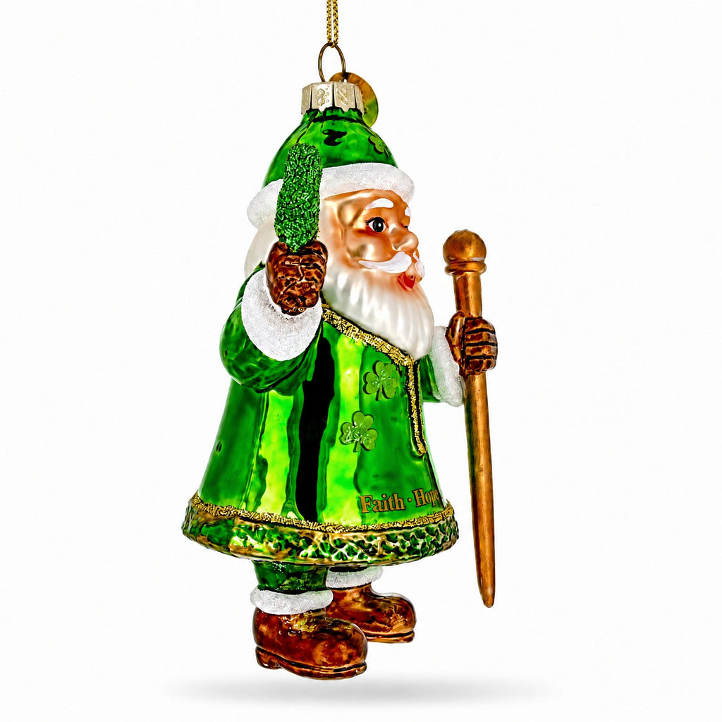 Irish Green Santa Claus Holding Shamrock Glass Christmas Ornament