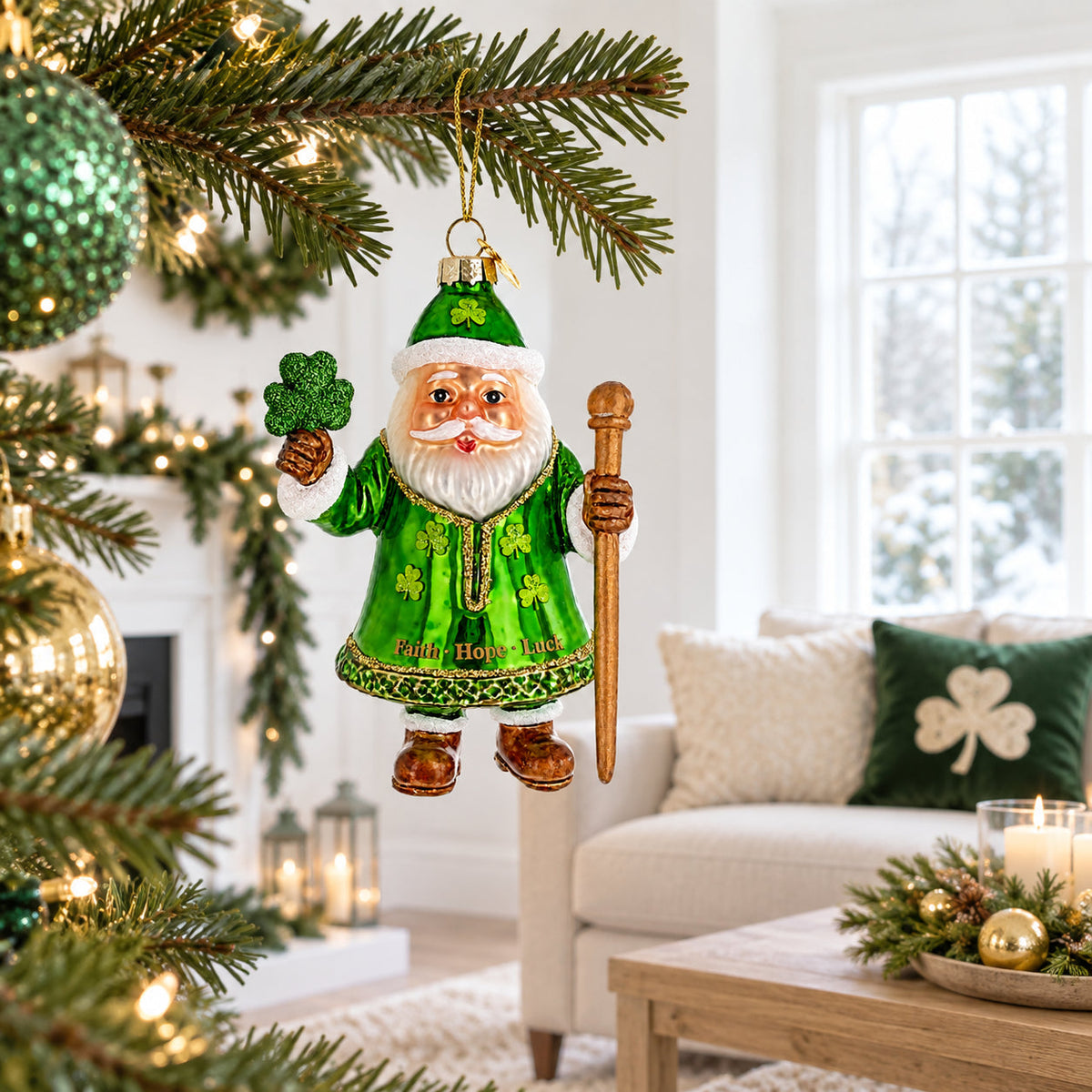 Irish Green Santa Claus Holding Shamrock Glass Christmas Ornament
