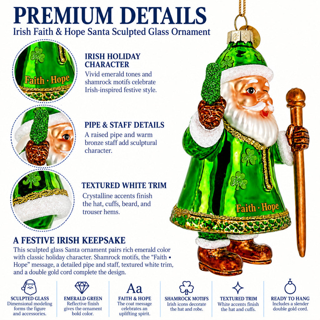 Irish Green Santa Claus Holding Shamrock Glass Christmas Ornament