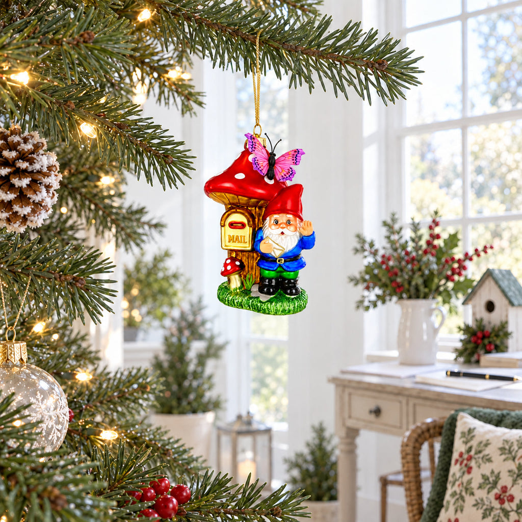 Garden Gnome with Mushroom Mailbox Glass Christmas Ornament