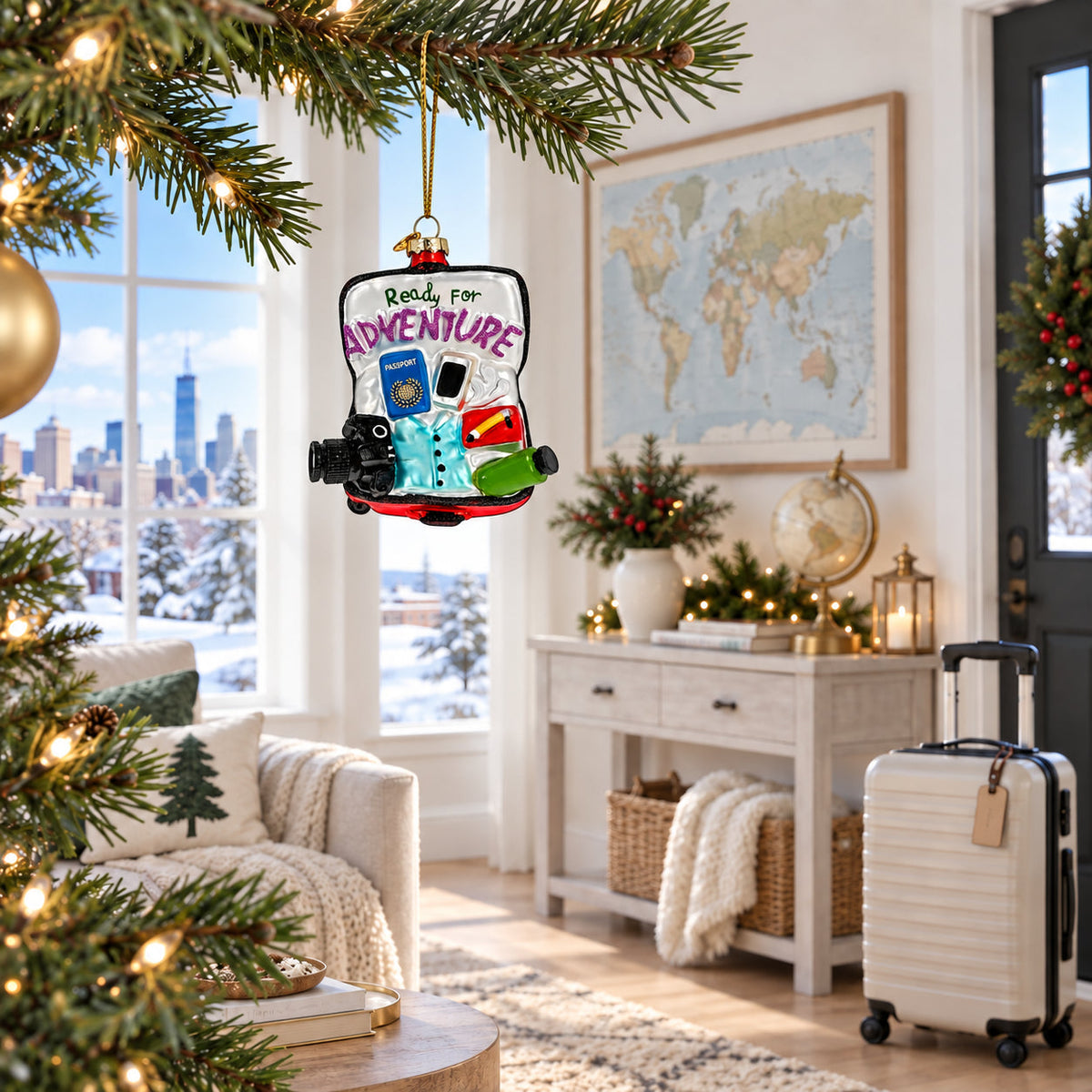 Travel Suitcase Ready For Vacation Adventure Glass Christmas Ornament