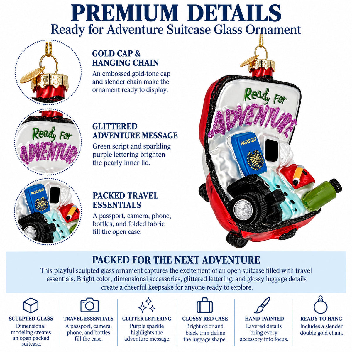 Travel Suitcase Ready For Vacation Adventure Glass Christmas Ornament