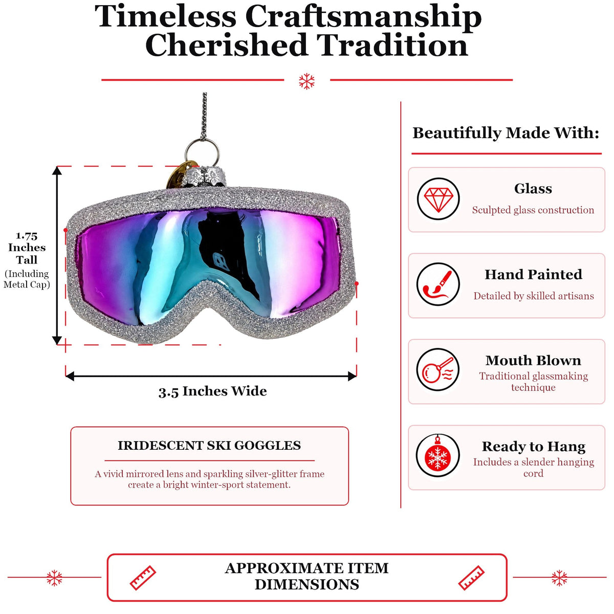 Iridescent Lens Snowboard Ski Goggles Glass Christmas Ornament