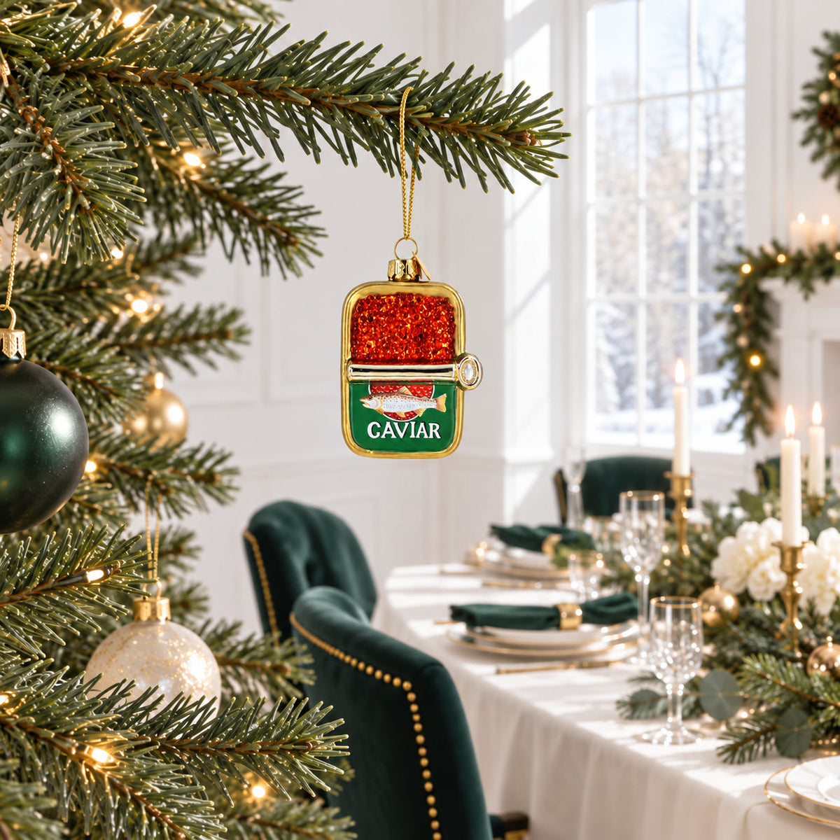 Gourmet Red Caviar Tin Can Glass Christmas Ornament