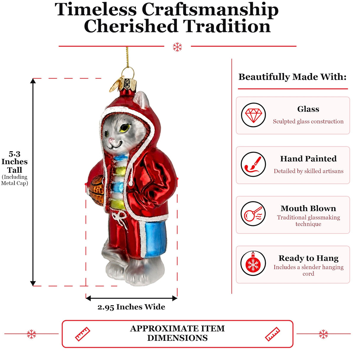 Basketball Player Cat Red Sweatshirt Sport Glass Christmas Ornament