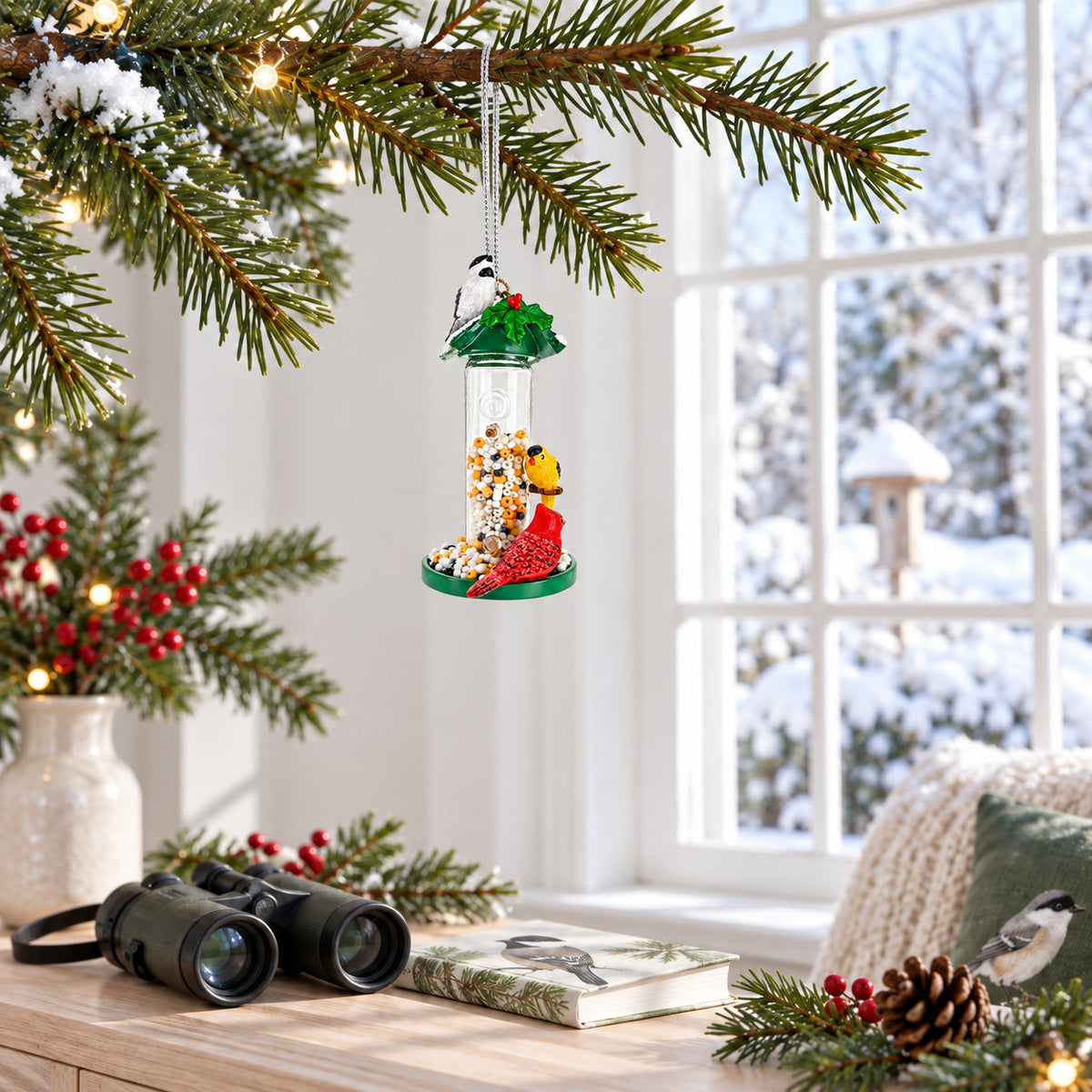 Wild Bird Seed Tube Feeder Clear Glass Christmas Ornament