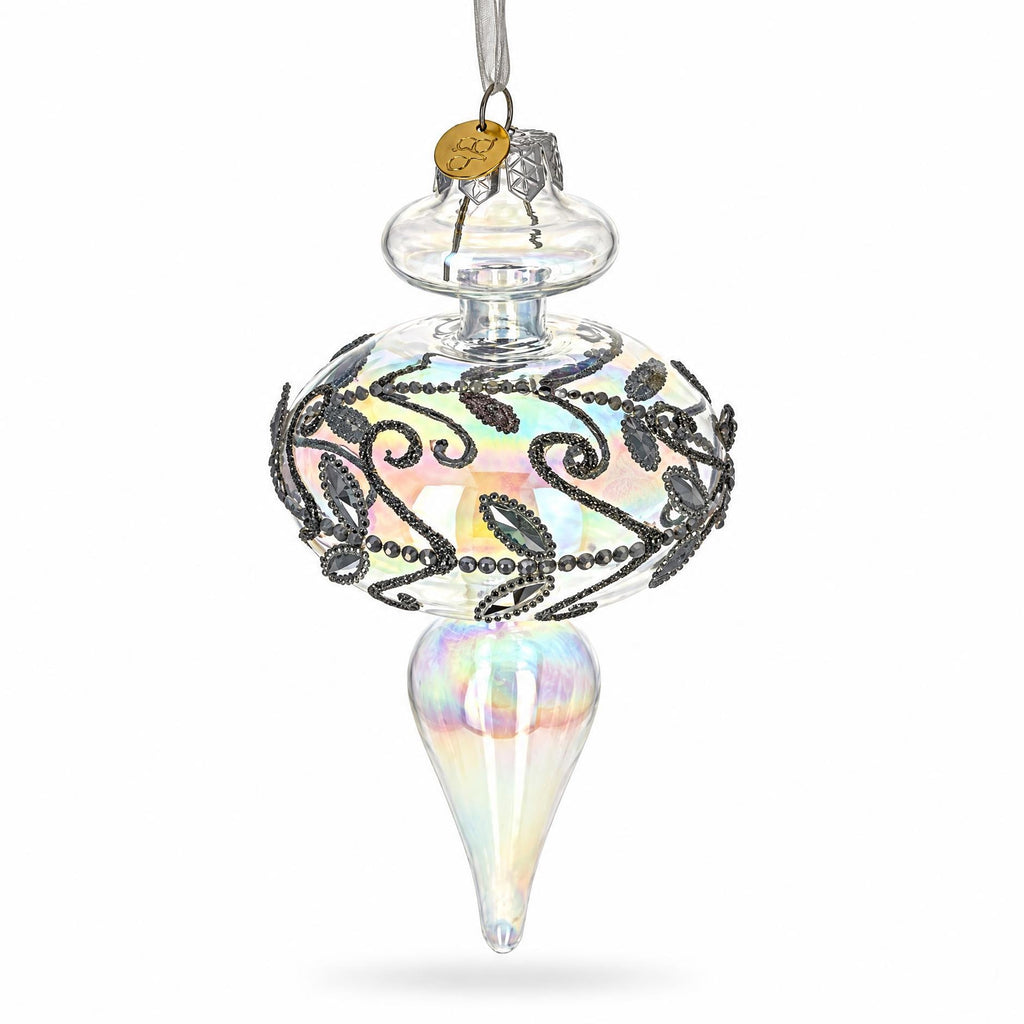 Clear Glass Finial With Silver Swirls Christmas Ornament