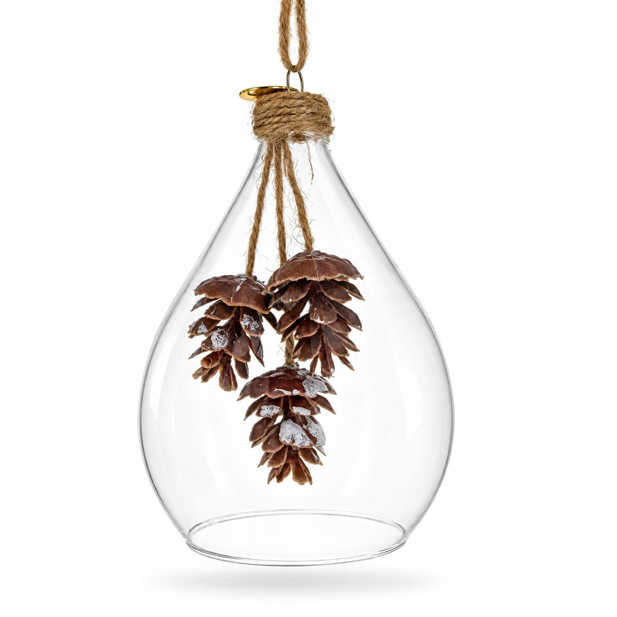 Clear Glass Teardrop With Frosted Pinecones Christmas Ornament