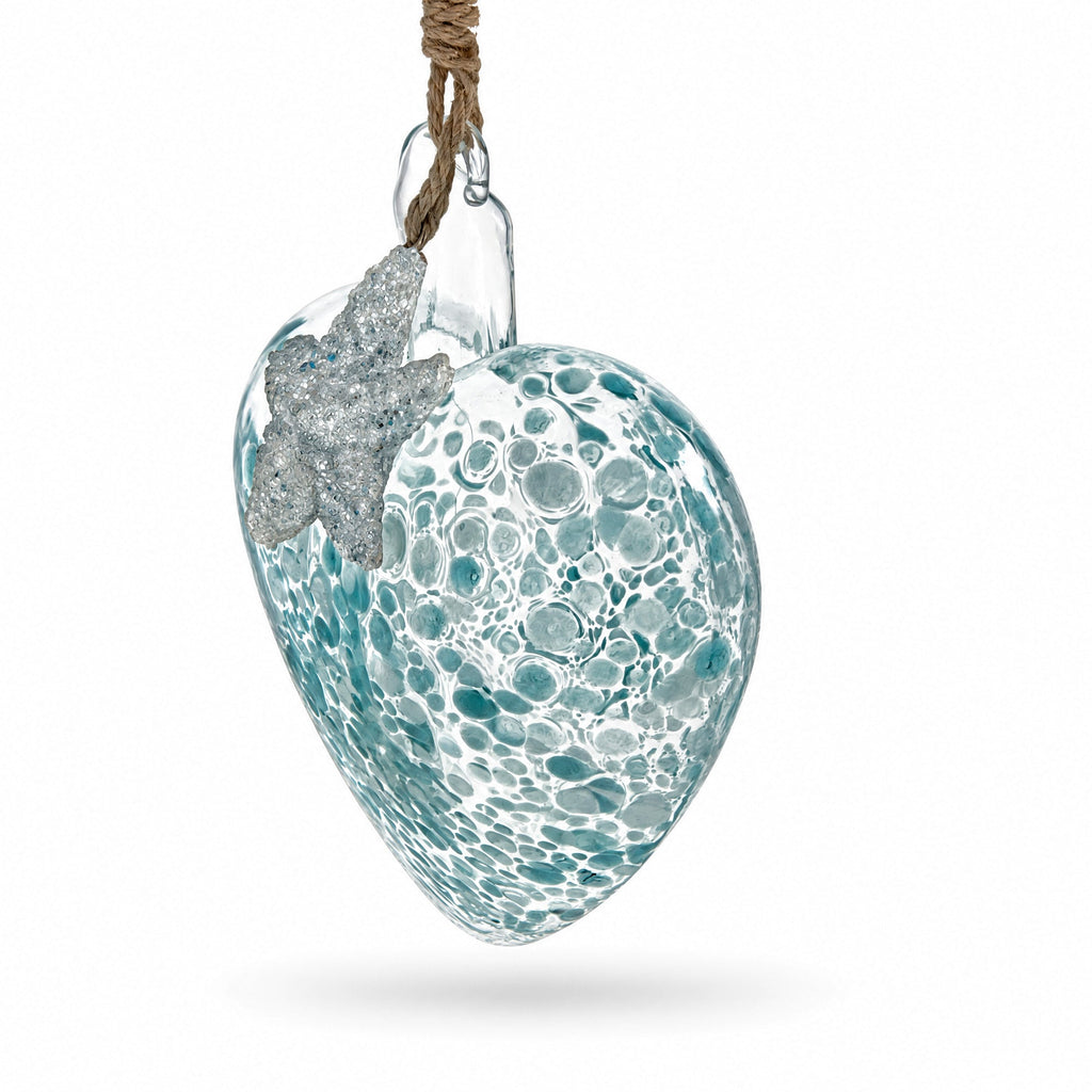 Blue Speckled Glass Heart With Starfish Christmas Ornament
