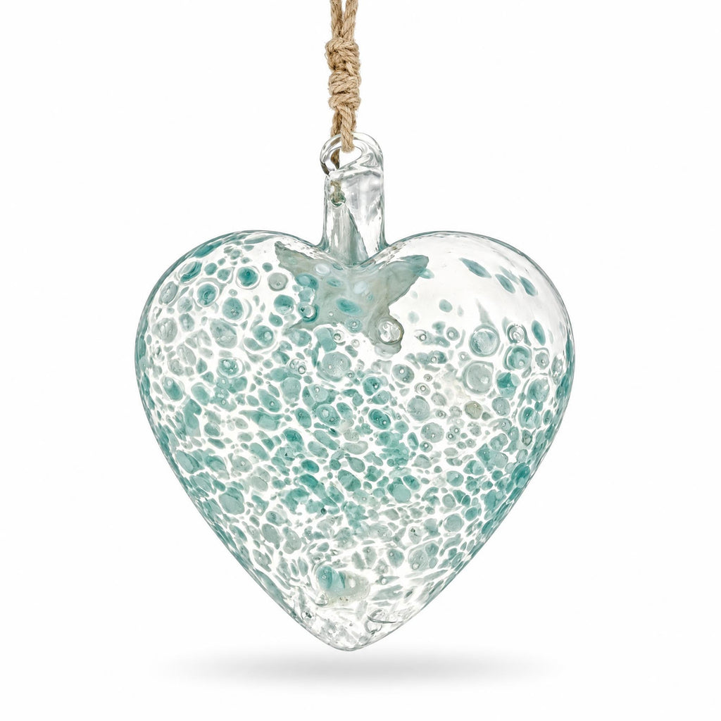 Blue Speckled Glass Heart With Starfish Christmas Ornament