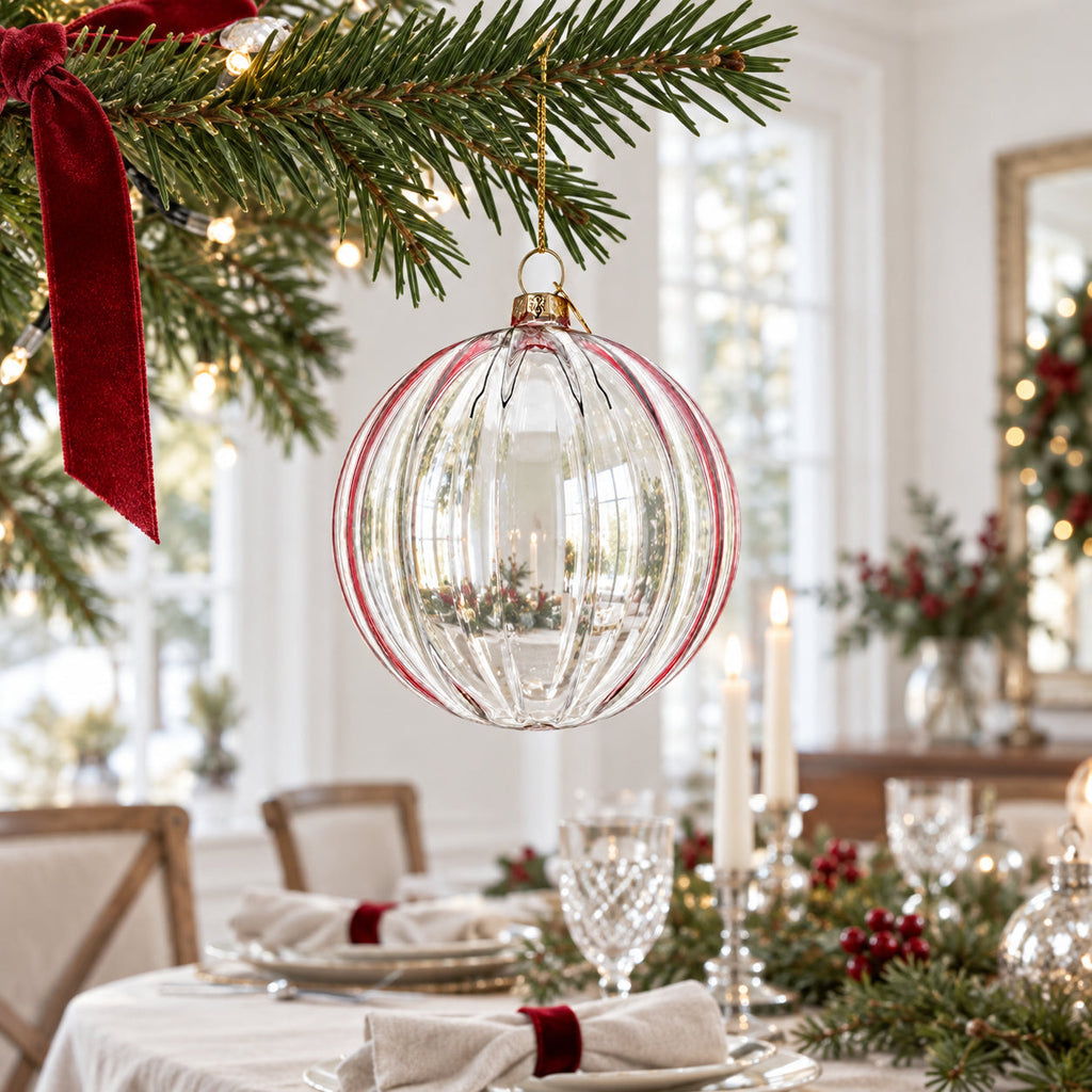 Light Pink Ribbed Glass Ball Christmas Ornament