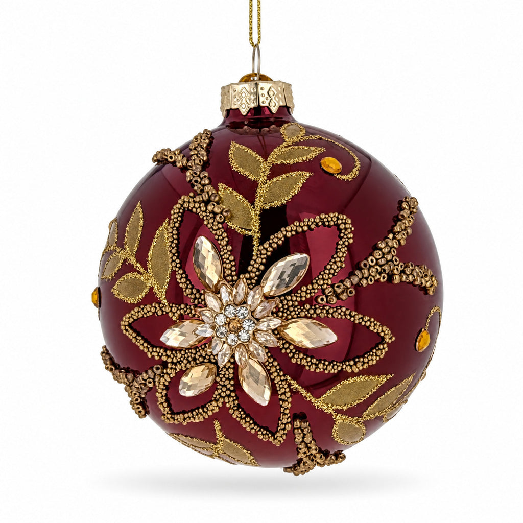 Burgundy Glass Round Gold Leaf Crystal Christmas Ornament