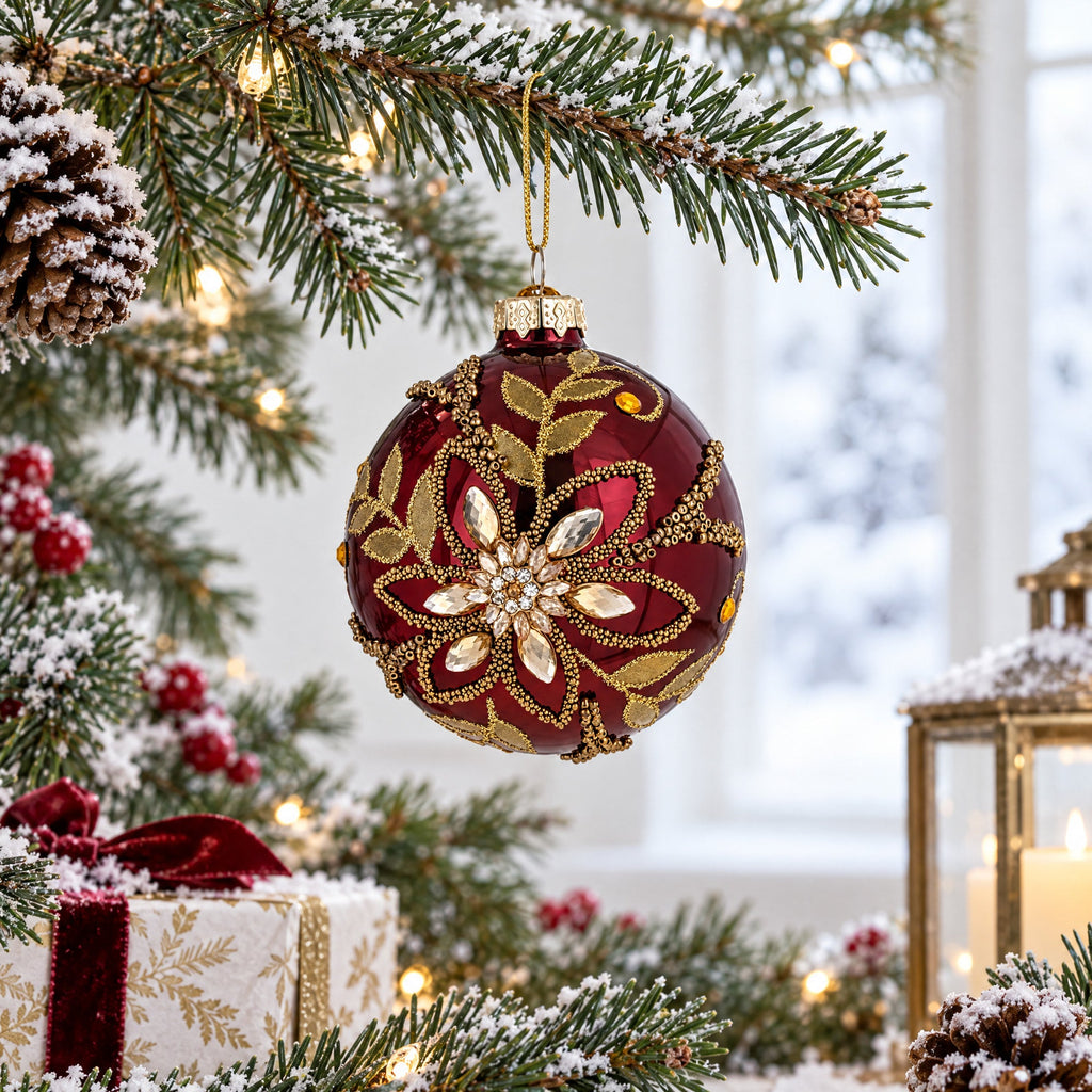 Burgundy Glass Round Gold Leaf Crystal Christmas Ornament