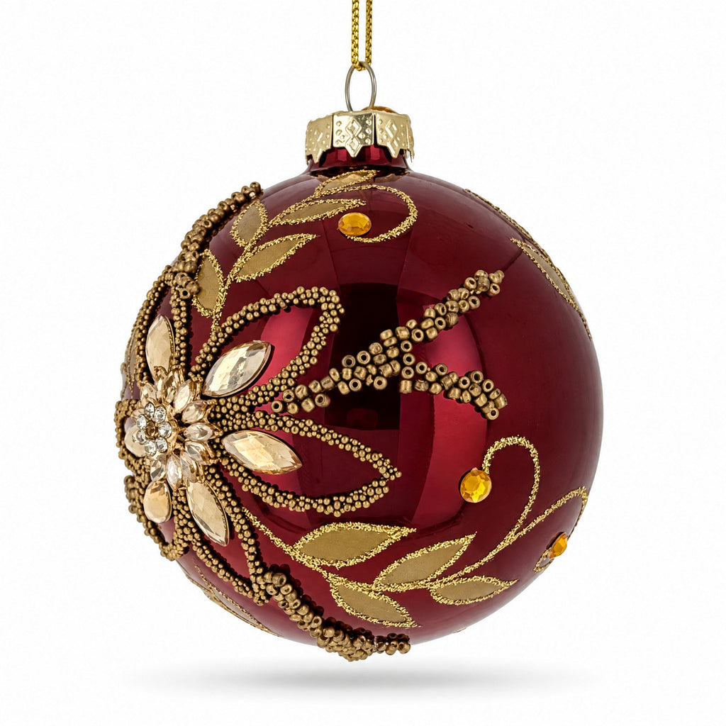 Burgundy Glass Round Gold Leaf Crystal Christmas Ornament